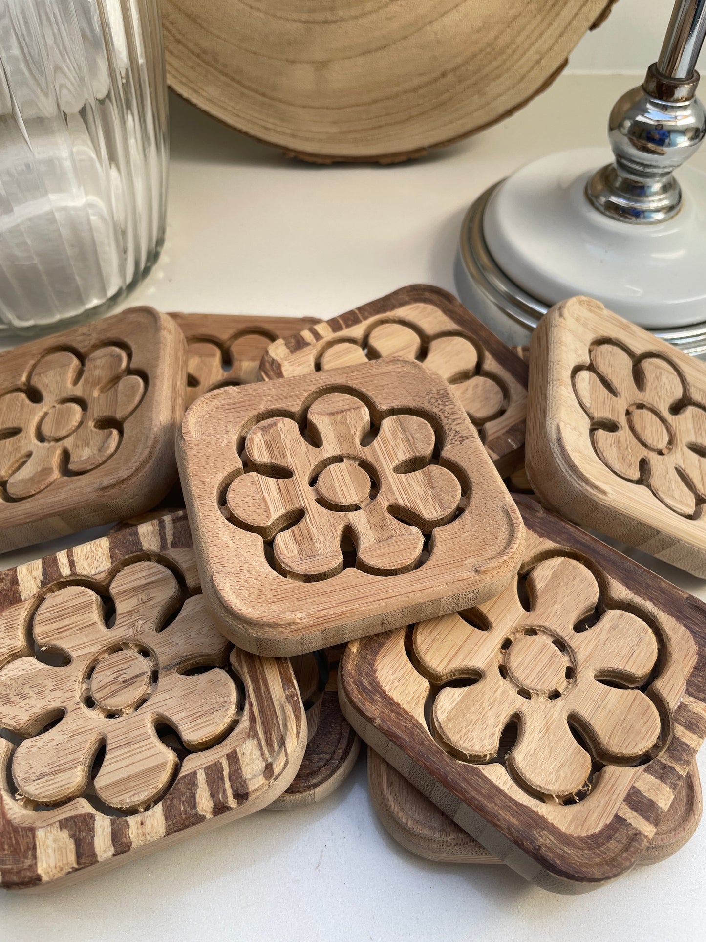Modern square bamboo soap dish, featuring slatted design for optimal drainage and soap preservation