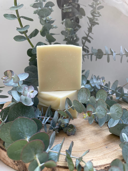 Bar of soap on a wooden block with eucalyptus leaves